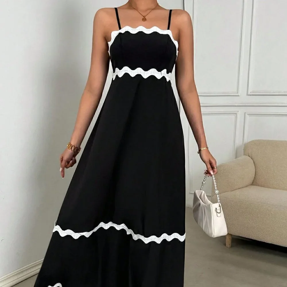 Black Boho Womens Color Block Woven Strap Splice Sleeveless Dress - Picture 3 of 5